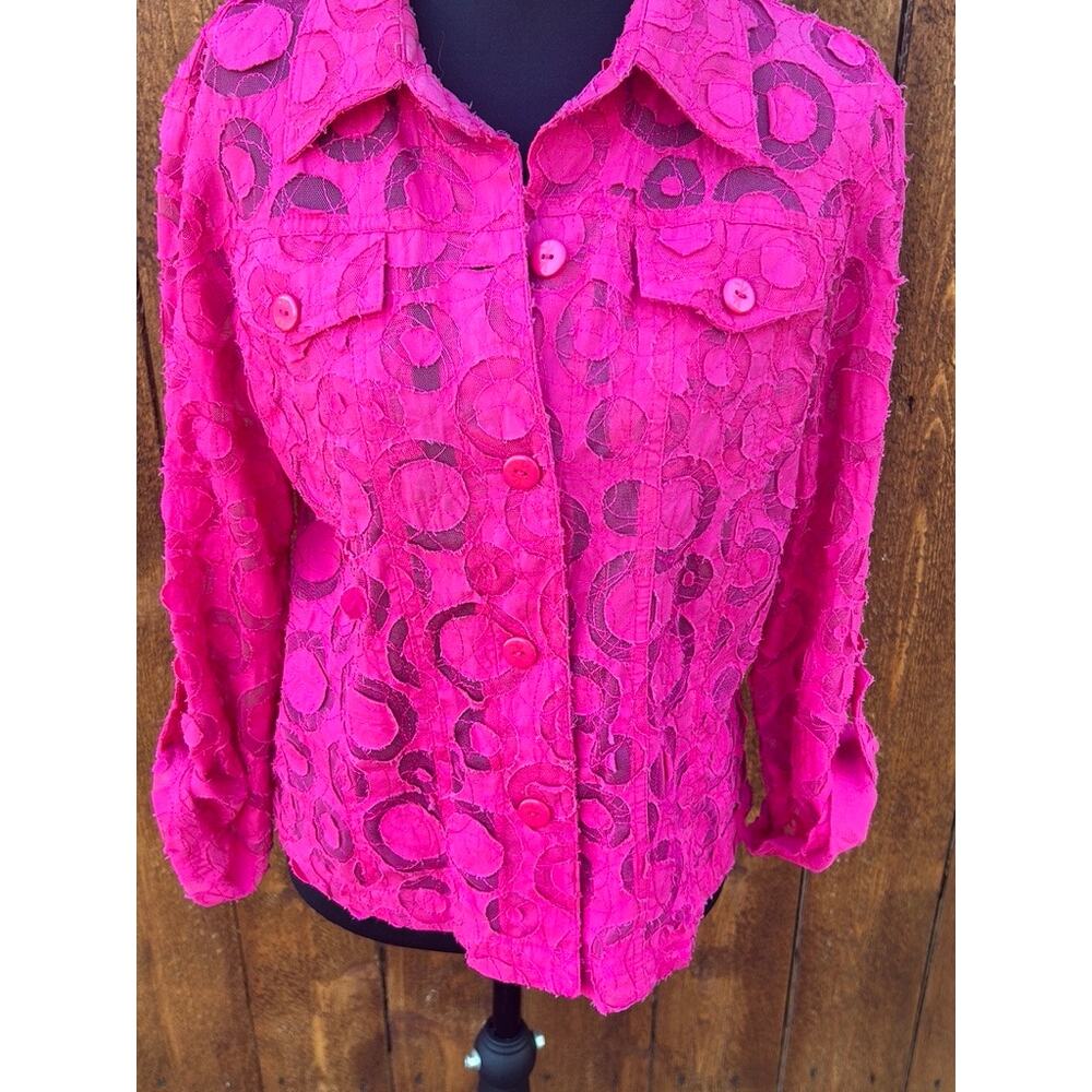 Ruby Rd Fuchsia Pink Circle Lace Button Down Blouse Shirt Jacket Size 10 EUC